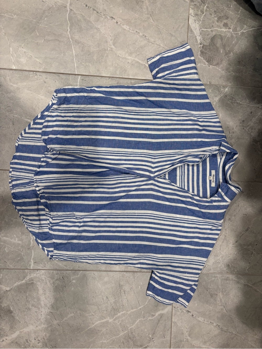 Madewell Blue and White Striped Linen Short-Sleeve Shirt